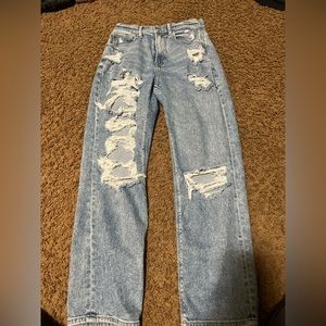 Blue American Eagle mom jeans, ripped, worn, super comfy, airy.